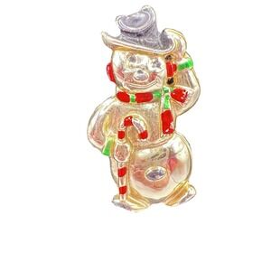 Vtg Christmas Snowman Pin Brooch Gold Tone Colorful 2"